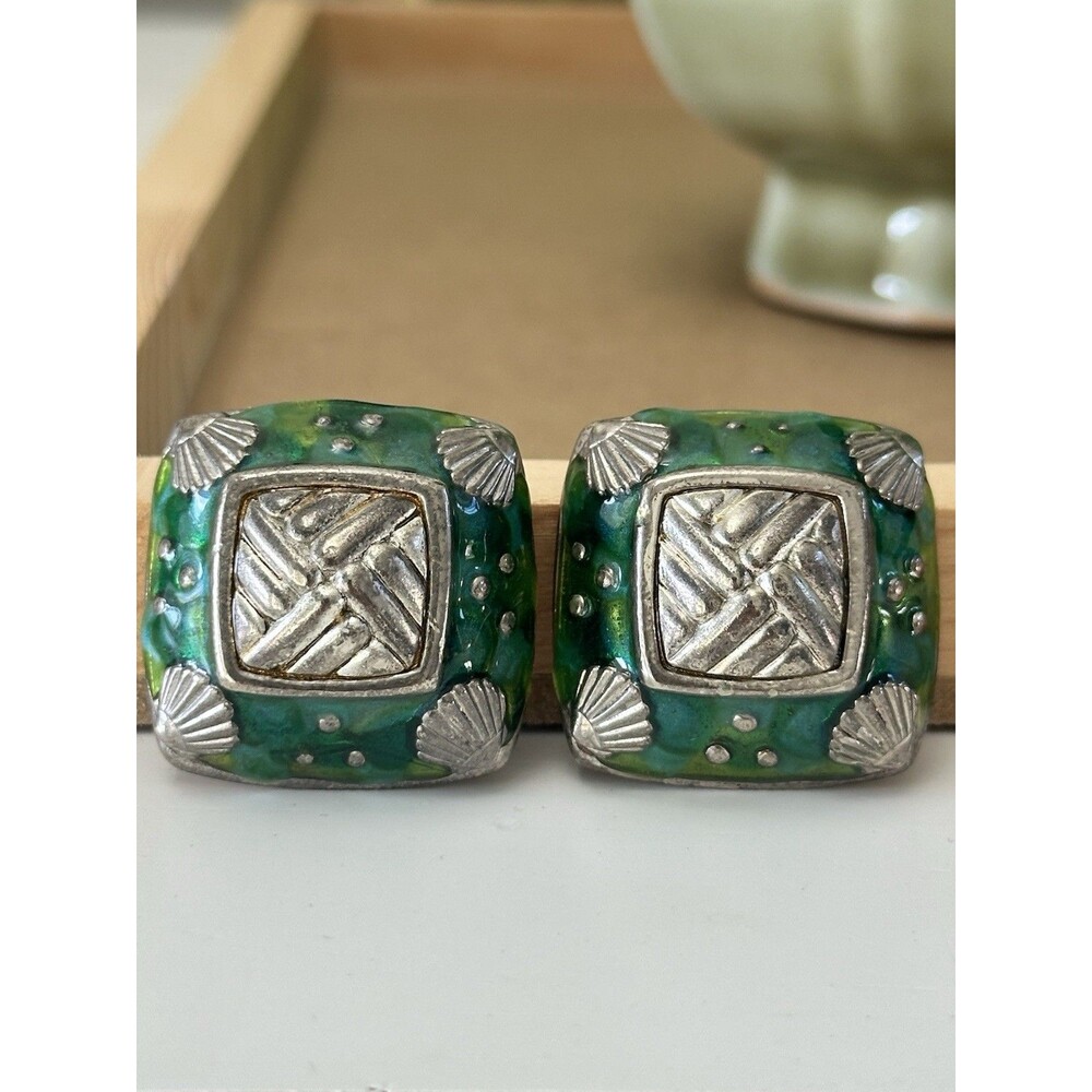 Edgar Berebi Silver Tone Enamel Green Large Square Clip On Earrings Seashells